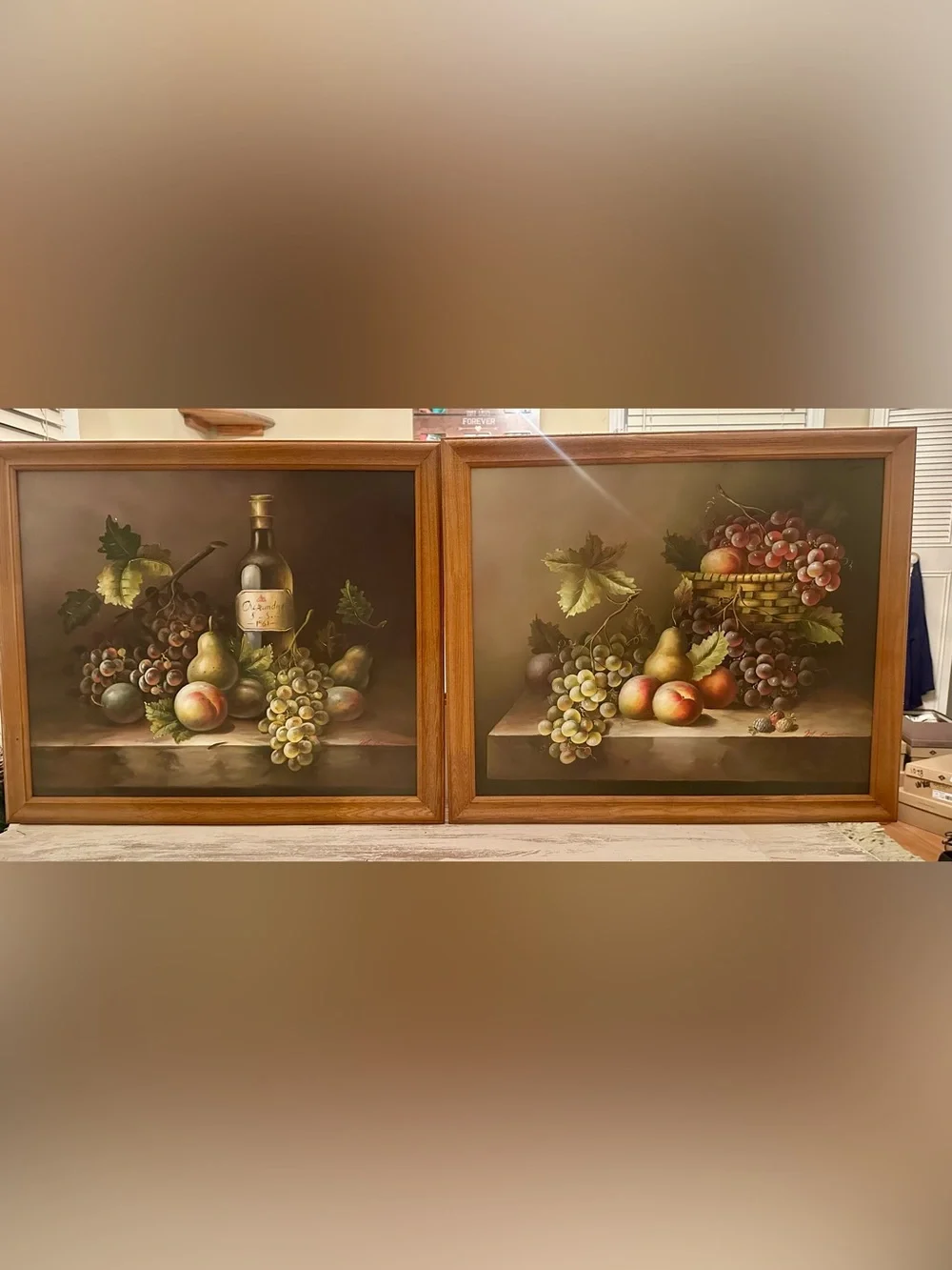 Framed Still Life Wall Oil Art Pair in Warm Wood - Green and Brown Tones